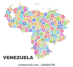Mosaic technical Venezuela map isolated on a white background. Vector geographic abstraction in different colors. Mosaic of Venezuela map combined of scattered bright cogwheel items.