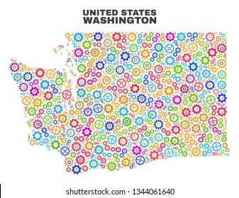 Mosaic technical Washington State map isolated on a white background. Vector geographic abstraction in different colors. Mosaic of Washington State map combined of random bright cog elements.