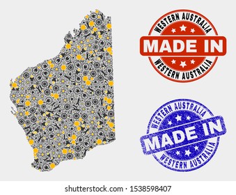 Mosaic technical Western Australia map and blue Made In scratched stamp. Vector geographic abstraction model for service, or patriotic posters.