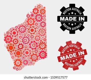 Mosaic technical Western Australia map and textured stamp. Vector geographic abstraction in red colors. Mosaic of Western Australia map combined of scattered wheel elements.