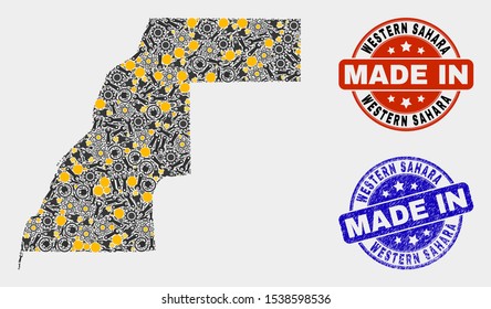 Mosaic technical Western Sahara map and blue Made In grunge seal. Vector geographic abstraction model for service, or political illustrations.