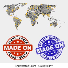 Mosaic technical World map and blue Made In scratched seal. Vector geographic abstraction model for service, or political posters. Mosaic of World map combined of random cogs, spanners, lamps,