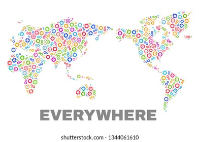 Mosaic technical world map isolated on a white background. Vector geographic abstraction in different colors. Mosaic of world map combined of scattered multi-colored gear elements.