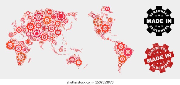 Mosaic technical Worldwide map and textured stamp. Vector geographic abstraction in red colors. Mosaic of Worldwide map combined of scattered gearwheel elements. Red colored model for technical,