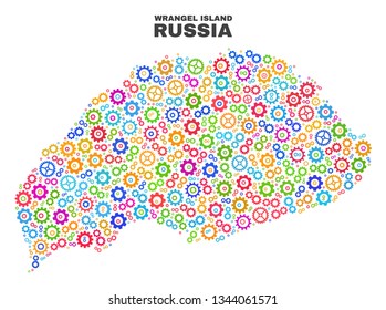 Mosaic technical Wrangel Island map isolated on a white background. Vector geographic abstraction in different colors. Mosaic of Wrangel Island map combined of scattered multi-colored cog elements.