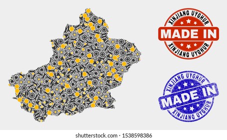 Mosaic technical Xinjiang Uyghur Region map and blue Made In textured stamp. Vector geographic abstraction model for technical, or political illustrations.