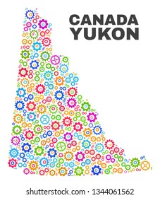 Mosaic technical Yukon Province map isolated on a white background. Vector geographic abstraction in different colors. Mosaic of Yukon Province map combined of random multi-colored wheel items.
