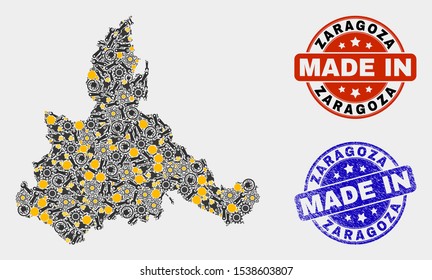 Mosaic technical Zaragoza Province map and blue Made In grunge seal. Vector geographic abstraction model for technical, or political posters.