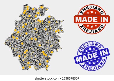 Mosaic technical Zhejiang Province map and blue Made In scratched seal. Vector geographic abstraction model for service, or patriotic templates.
