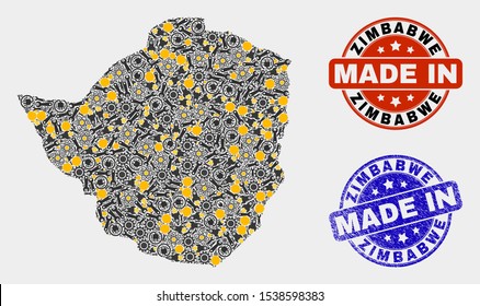 Mosaic technical Zimbabwe map and blue Made In textured stamp. Vector geographic abstraction model for technical, or patriotic posters. Mosaic of Zimbabwe map composed from scattered gearwheels,