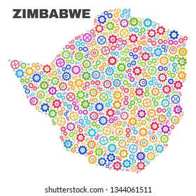 Mosaic technical Zimbabwe map isolated on a white background. Vector geographic abstraction in different colors. Mosaic of Zimbabwe map combined of random multi-colored gearwheel elements.