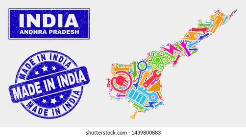 Mosaic technology Andhra Pradesh State map and Made in India seal stamp. Andhra Pradesh State map collage made with scattered bright equipment, palms, service elements.