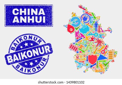 Mosaic technology Anhui Province map and Baikonur seal stamp. Anhui Province map collage made with scattered colorful equipment, hands, service items. Blue rounded Baikonur stamp with grunge texture.