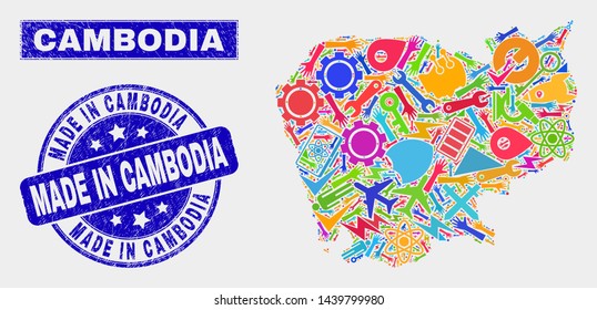 Mosaic technology Cambodia map and Made in Cambodia seal stamp. Cambodia map collage constructed with randomized bright tools, hands, service icons.