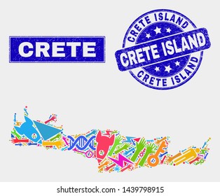 Mosaic technology Crete map and Crete Island seal. Crete map collage constructed with scattered colored equipment, hands, service elements. Blue round Crete Island seal stamp with distress texture.