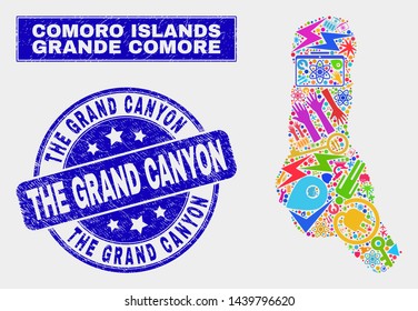 Mosaic technology Grande Comore Island map and The Grand Canyon seal stamp. Grande Comore Island map collage formed with random bright tools, hands, service items.