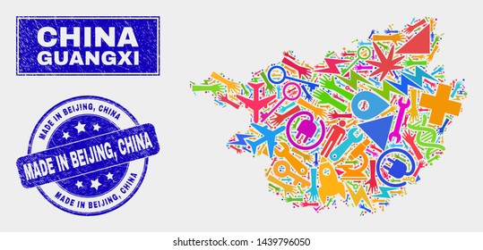 Mosaic technology Guangxi Province map and Made in Beijing, China stamp. Guangxi Province map collage made with randomized bright tools, hands, service elements. Blue rounded Made in Beijing,