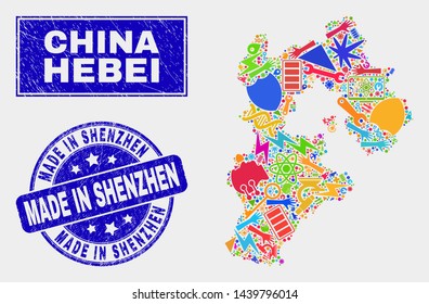 Mosaic technology Hebei Province map and Made in Shenzhen seal. Hebei Province map collage composed with randomized colorful equipment, hands, service elements.