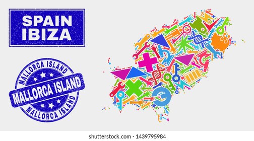 Mosaic technology Ibiza Island map and Mallorca Island seal stamp. Ibiza Island map collage made with randomized colorful tools, hands, service symbols.