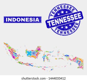 Mosaic technology Indonesia map and Tennessee seal. Indonesia map collage created with random bright tools, palms, service items. Blue rounded Tennessee seal with grunge texture.