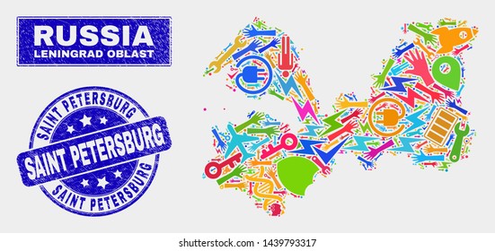 Mosaic technology Leningrad Region map and Saint Petersburg seal stamp. Leningrad Region map collage formed with random bright tools, palms, service icons.