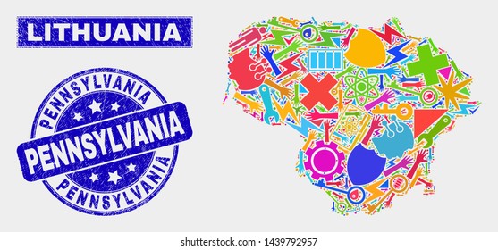 Mosaic technology Lithuania map and Pennsylvania seal stamp. Lithuania map collage created with randomized colorful tools, palms, production items.