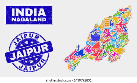 Mosaic technology Nagaland State map and Jaipur seal stamp. Nagaland State map collage made with random colored equipment, palms, service elements. Blue round Jaipur seal stamp with grunge texture.