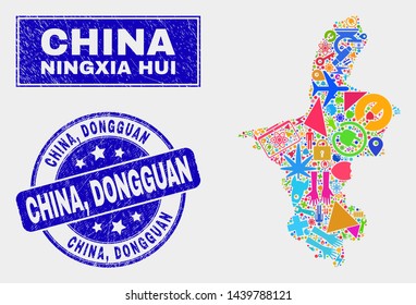 Mosaic technology Ningxia Hui Region map and China, Dongguan stamp. Ningxia Hui Region map collage created with random colorful tools, palms, service icons. Blue round China,