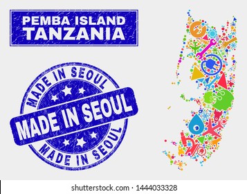 Mosaic technology Pemba island map and Made in Seoul seal stamp. Pemba island map collage composed with scattered bright equipment, palms, industry elements.