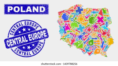 Mosaic technology Poland map and Central Europe seal stamp. Poland map collage constructed with scattered bright equipment, hands, service symbols.