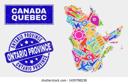 Mosaic technology Quebec Province map and Ontario Province seal stamp. Quebec Province map collage made with scattered bright equipment, palms, industrial symbols.