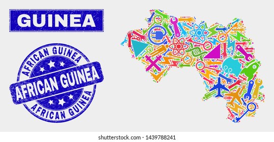 Mosaic technology Republic of Guinea map and African Guinea seal. Republic of Guinea map collage designed with randomized bright tools, hands, service icons.