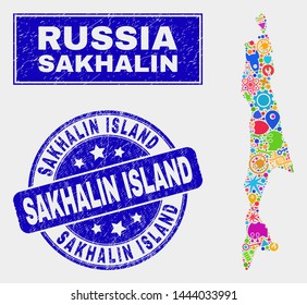 Mosaic technology Sakhalin Island map and Sakhalin Island watermark. Sakhalin Island map collage formed with scattered colored tools, palms, service icons.
