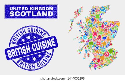 Mosaic technology Scotland map and British Cuisine stamp. Scotland map collage composed with scattered colorful equipment, palms, industrial icons.