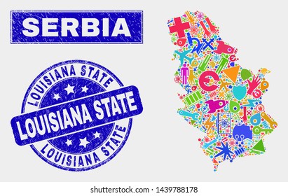 Mosaic technology Serbia map and Louisiana State seal stamp. Serbia map collage made with random bright equipment, hands, service symbols. Blue rounded Louisiana State seal stamp with grunge texture.