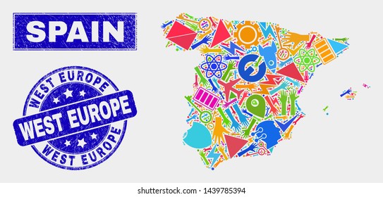 Mosaic technology Spain map and West Europe watermark. Spain map collage formed with scattered colorful equipment, palms, service items. Blue round West Europe seal with distress texture.