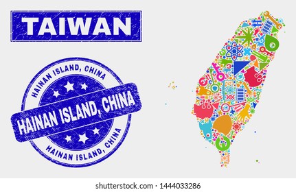 Mosaic technology Taiwan map and Hainan Island, China seal stamp. Taiwan map collage constructed with random colorful tools, palms, service items. Blue round Hainan Island,