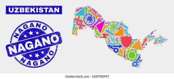 Mosaic technology Uzbekistan map and Nagano seal stamp. Uzbekistan map collage made with scattered colored equipment, hands, service symbols. Blue rounded Nagano seal stamp with grunge texture.
