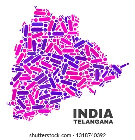 Mosaic Telangana State map isolated on a white background. Vector geographic abstraction in pink and violet colors. Mosaic of Telangana State map combined of scattered circle dots and lines.