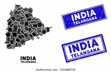Mosaic Telangana State map and rectangle seals. Flat vector Telangana State map mosaic of randomized rotated rectangle items. Blue caption seals with dirty texture.