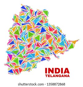 Mosaic Telangana State map of triangles in bright colors isolated on a white background. Triangular collage in shape of Telangana State map. Abstract design for patriotic purposes.