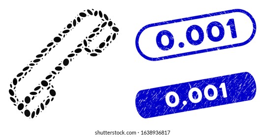 Mosaic telephone and corroded stamp seals with 0.001 caption. Mosaic vector telephone is created with randomized oval dots. 0.001 stamp seals use blue color, and have round rectangle shape.