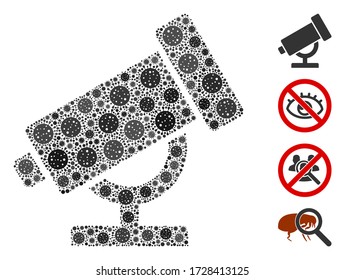 Mosaic telescope designed from SARS virus icons in various sizes and color hues. Vector pathogen elements are grouped into abstract mosaic telescope icon. Some bonus icons are added.