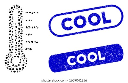Mosaic temperature and distressed stamp seals with Cool text. Mosaic vector temperature is composed with scattered elliptic pieces. Cool stamp seals use blue color, and have round rectangle shape.