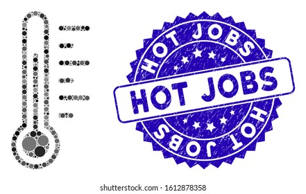 Mosaic temperature icon and corroded stamp seal with Hot Jobs phrase. Mosaic vector is created with temperature icon and with scattered spheric items. Hot Jobs stamp uses blue color,