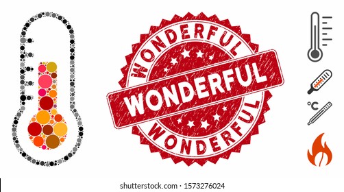 Mosaic temperature icon and grunge stamp seal with Wonderful phrase. Mosaic vector is formed with temperature icon and with random round items. Wonderful stamp uses red color, and distress texture.