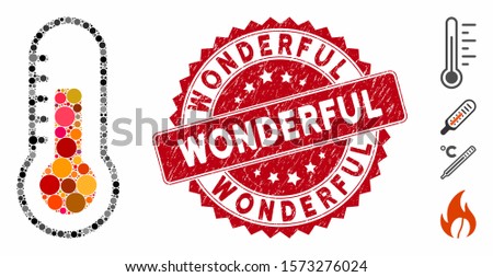 Mosaic temperature icon and grunge stamp seal with Wonderful phrase. Mosaic vector is formed with temperature icon and with random round items. Wonderful stamp uses red color, and distress texture.