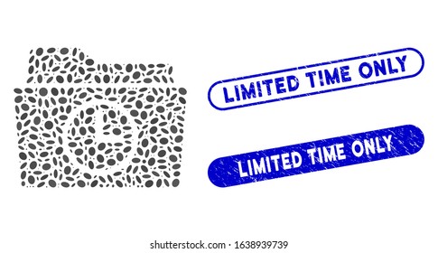Mosaic temporary folder and grunge stamp seals with Limited Time Only caption. Mosaic vector temporary folder is formed with scattered ellipse spots. Limited Time Only stamp seals use blue color,