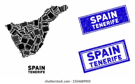 Mosaic Tenerife Spain Island map and rectangle rubber prints. Flat vector Tenerife Spain Island map mosaic of scattered rotated rectangle elements. Blue caption rubber seals with scratched texture.