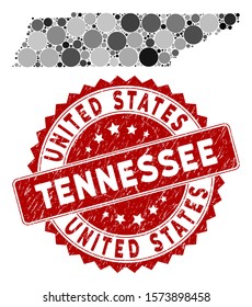 Mosaic Tennessee State map and circle seal stamp. Flat vector Tennessee State map mosaic of random round elements. Red seal stamp with grunge style. Designed for political and patriotic posters.